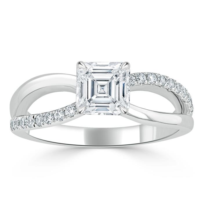 1.00ct Asscher Cut Moissanite Engagement Ring, Classic Style,  Available in White Gold, Platinum, Rose Gold or Yellow Gold