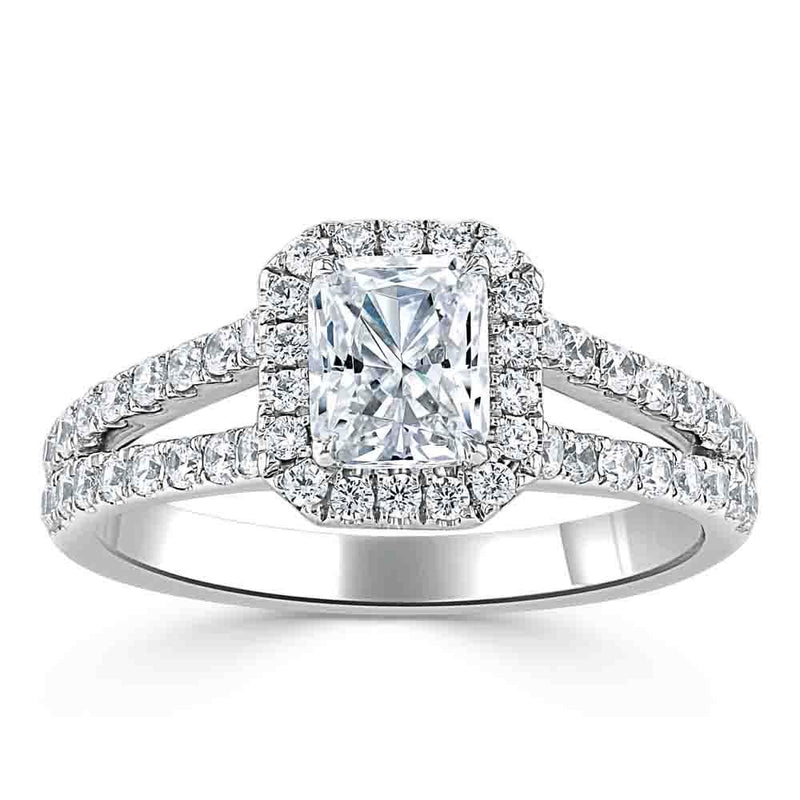 1.60ct Radiant Cut Moissanite Halo Engagement Ring, Classic Style,  Available in White Gold, Platinum, Rose Gold or Yellow Gold