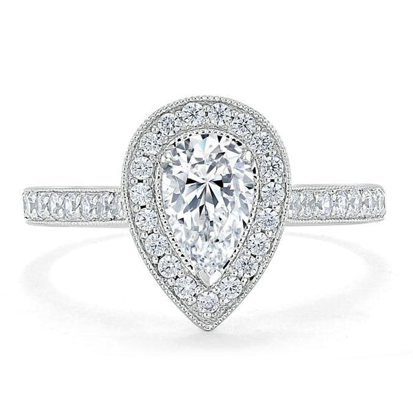 1.40ct Pear Cut Moissanite Engagement Ring, Classic Halo, Available in White Gold, Platinum, Rose Gold or Yellow Gold