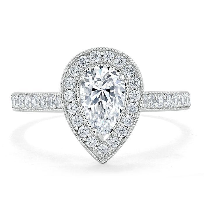 1.40ct Pear Cut Moissanite Engagement Ring, Classic Halo, Available in White Gold, Platinum, Rose Gold or Yellow Gold