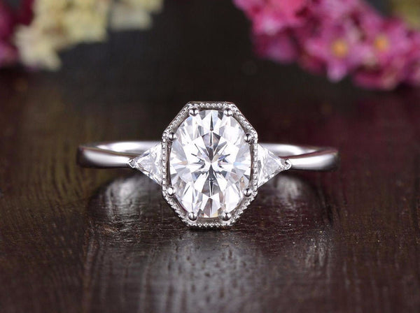 Oval Cut Moissanite Engagement Ring, Edwardian Design, Choose Your Stone Size & Metal