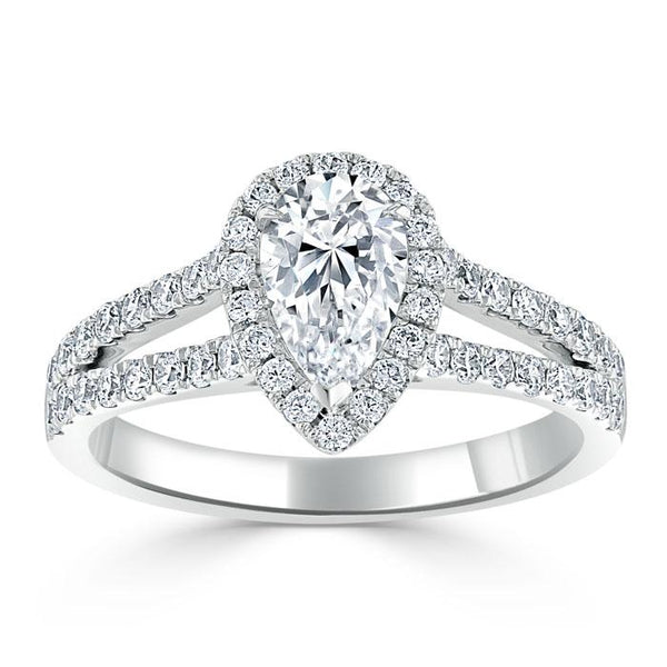 1.60ct Pear Cut Moissanite Engagement Ring, Classic Halo with Split Shank, Available in White Gold, Platinum, Rose Gold or Yellow Gold