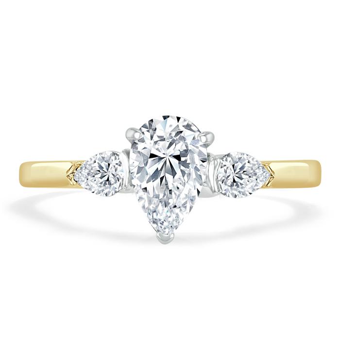 1.50ct Pear Cut Moissanite Engagement Ring, Classic 3 Stone, Available in White Gold, Platinum, Rose Gold or Yellow Gold