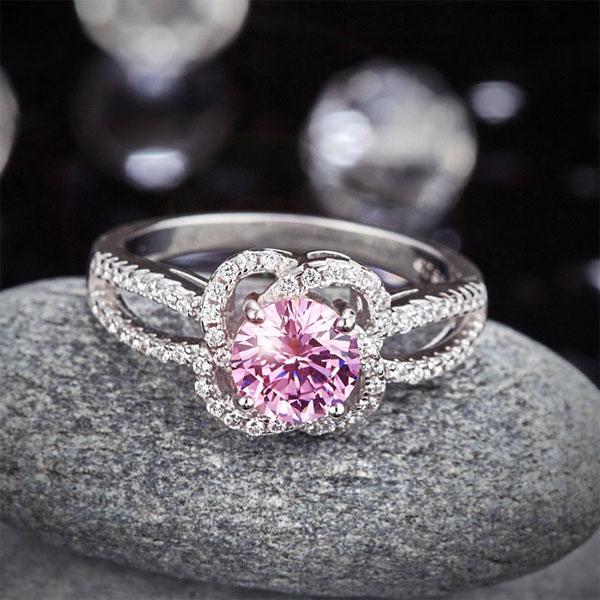 1.00ct Pink Diamond Halo Engagement Ring, Round Brilliant Cut, 925 Silver