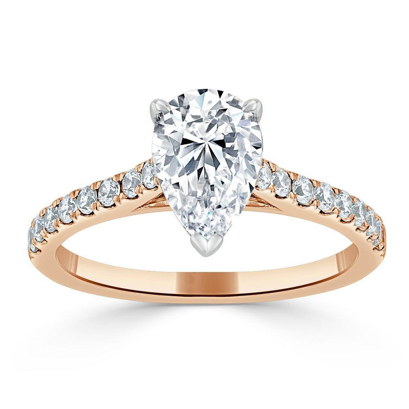 1.25ct Pear Cut Moissanite Engagement Ring, Classic Style, Available in White Gold, Platinum, Rose Gold or Yellow Gold