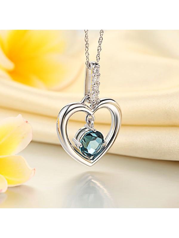 1.55ct Round Cut Blue Topaz Heart Pendant, Gemstone and Diamond Necklace, 14kt White Gold