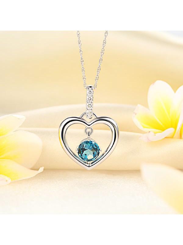 1.55ct Round Cut Blue Topaz Heart Pendant, Gemstone and Diamond Necklace, 14kt White Gold