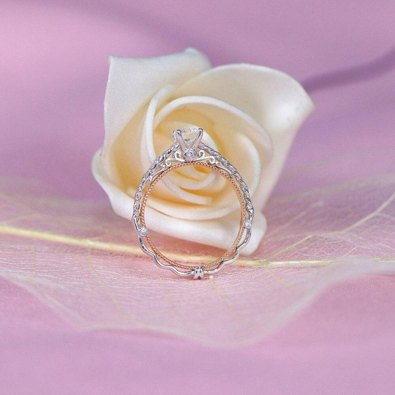 0.50ct Round Cut Moissanite, Classic Vintage Engagement Ring, Available in White Gold or Platinum with Rose Gold Detailing