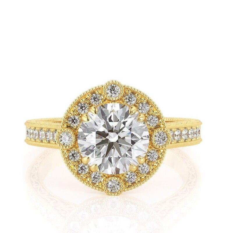 1.50ct Round Cut Moissanite Engagement Ring, Vintage Design, 14Kt 585 Yellow Gold