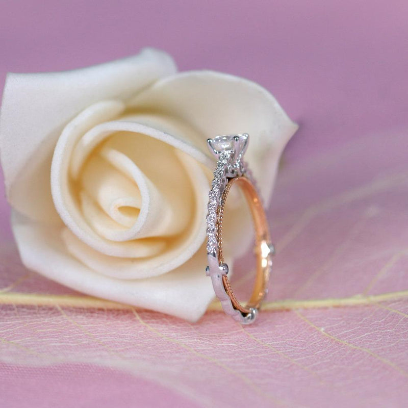 0.50ct Round Cut Moissanite, Classic Vintage Engagement Ring, Available in White Gold or Platinum with Rose Gold Detailing