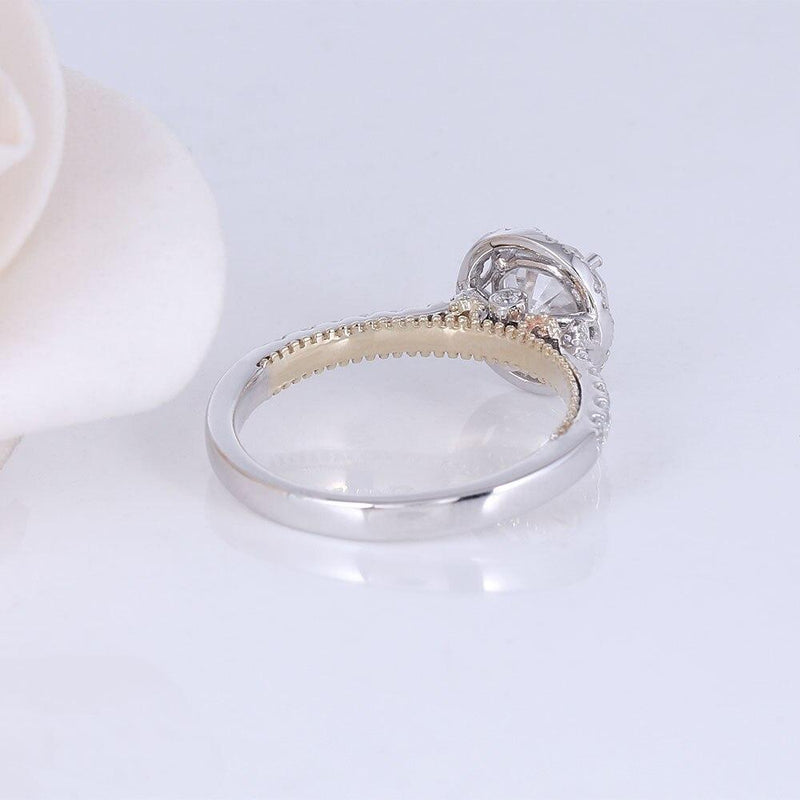 1.00ct Round Cut Moissanite, Vintage Design Engagement Ring, 14Kt 585 White & Yellow Gold