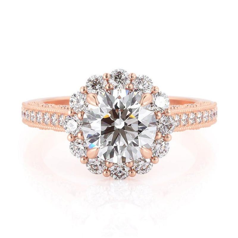 1.00ct Round Cut Moissanite Engagement Ring, Vintage Halo Design, 14Kt 585 Rose Gold