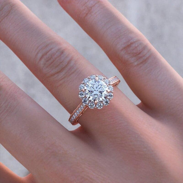 1.00ct Round Cut Moissanite Engagement Ring, Vintage Halo Design, 14Kt 585 Rose Gold