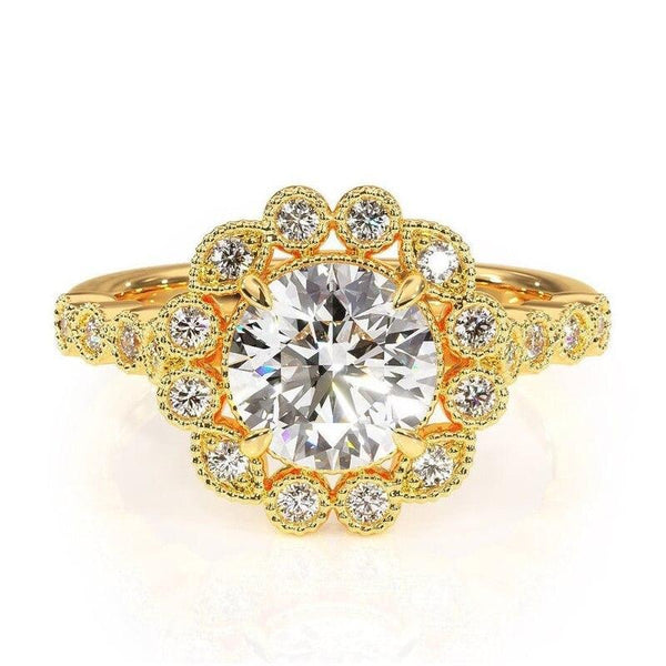 1.50ct Round Cut Moissanite Engagement Ring, Vintage Design, 14Kt 585 Yellow Gold