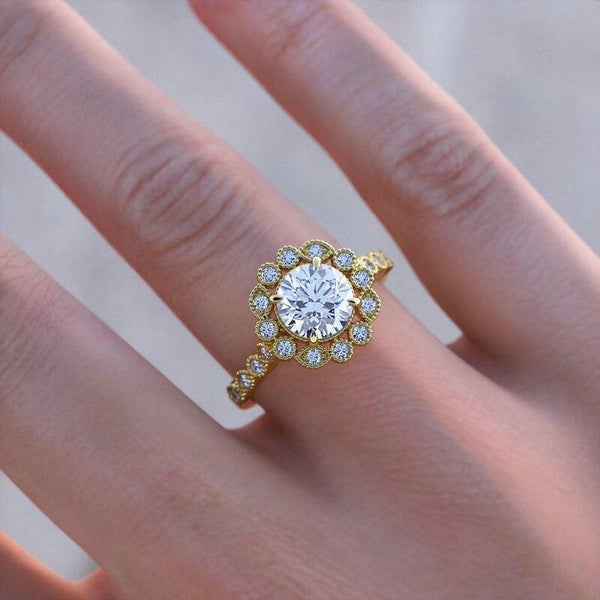 1.50ct Round Cut Moissanite Engagement Ring, Vintage Design, 14Kt 585 Yellow Gold