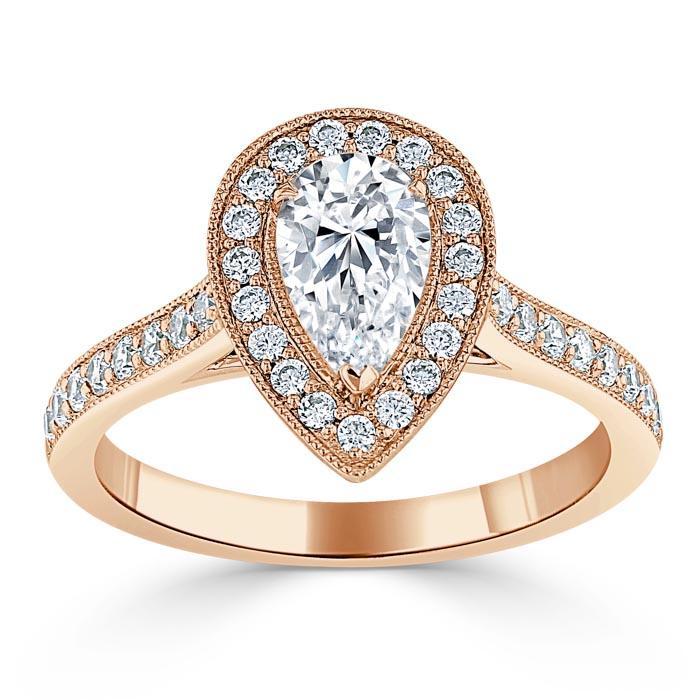 1.40ct Pear Cut Moissanite Engagement Ring, Classic Halo, Available in White Gold, Platinum, Rose Gold or Yellow Gold