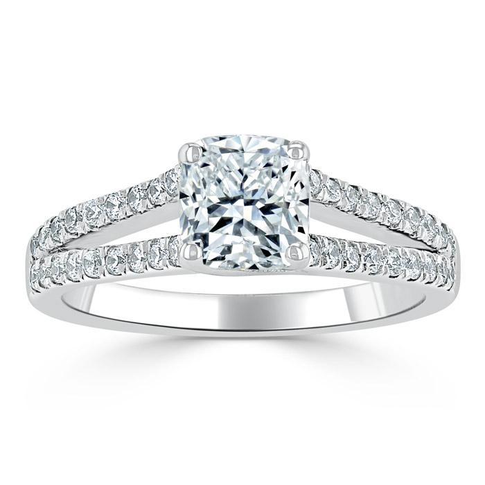 1.35ct  Cushion Cut Moissanite Engagement Ring, Split Shank,  Available in White Gold, Platinum, Rose Gold or Yellow Gold