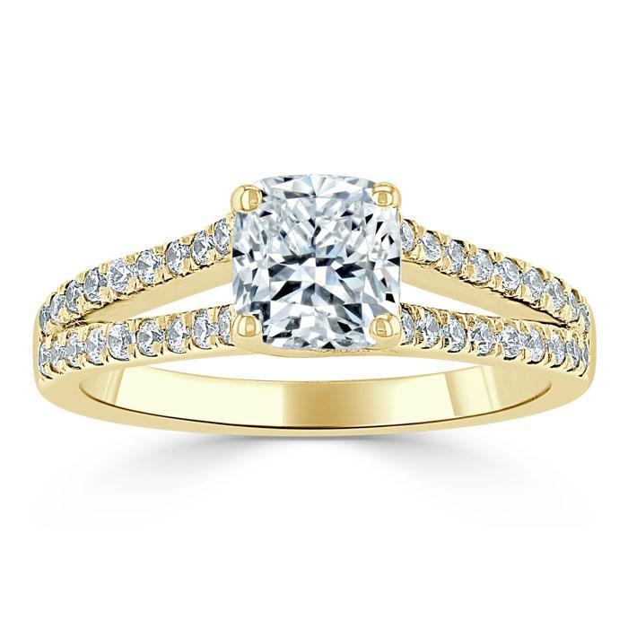 1.35ct  Cushion Cut Moissanite Engagement Ring, Split Shank,  Available in White Gold, Platinum, Rose Gold or Yellow Gold