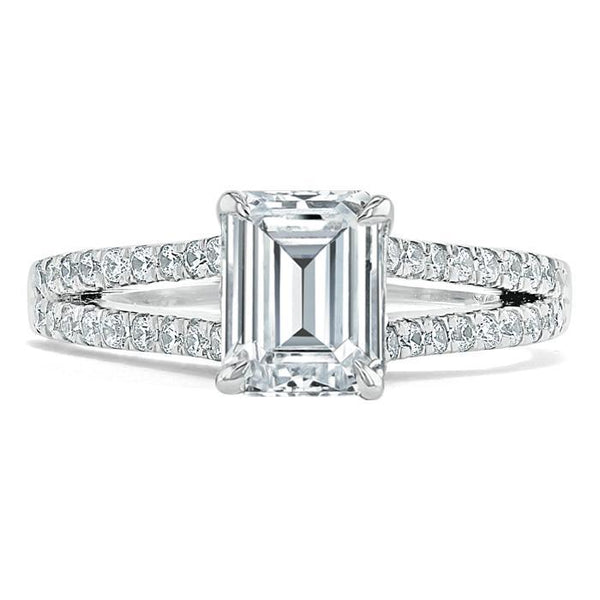 1.35ct  Emerald Cut Moissanite Engagement Ring, Split Shank,  Available in White Gold, Platinum, Rose Gold or Yellow Gold