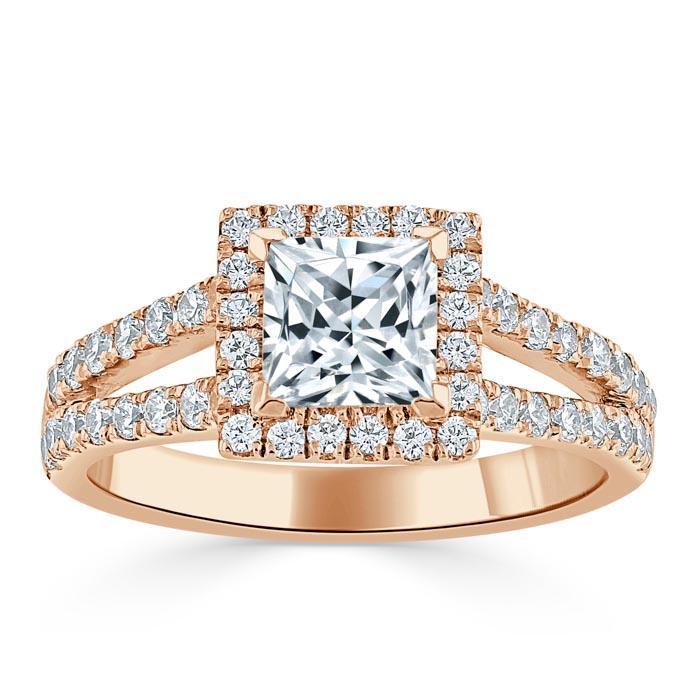 1.60ct  Princess Cut Moissanite Engagement Ring, Classic Halo with Split Shank,  Available in White Gold, Platinum, Rose Gold or Yellow Gold