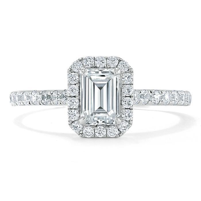 1.45ct  Emerald Cut Moissanite Engagement Ring, Classic Halo,  Available in White Gold, Platinum, Rose Gold or Yellow Gold