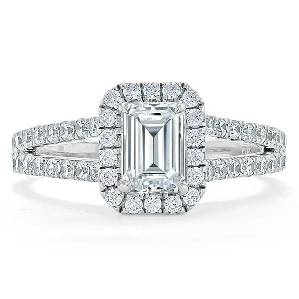 1.60ct  Emerald Cut Moissanite Engagement Ring, Classic Halo with Split Shank,  Available in White Gold, Platinum, Rose Gold or Yellow Gold