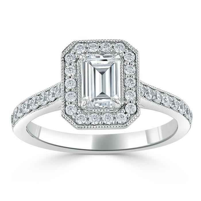 1.40ct  Emerald Cut Moissanite Engagement Ring, Classic Halo,  Available in White Gold, Platinum, Rose Gold or Yellow Gold