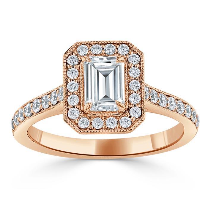 1.40ct  Emerald Cut Moissanite Engagement Ring, Classic Halo,  Available in White Gold, Platinum, Rose Gold or Yellow Gold