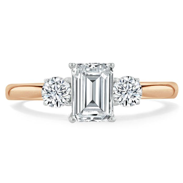 1.50ct Emerald Cut Moissanite Engagement Ring, Classic 3 Stone, Available in White Gold, Platinum, Rose Gold or Yellow Gold