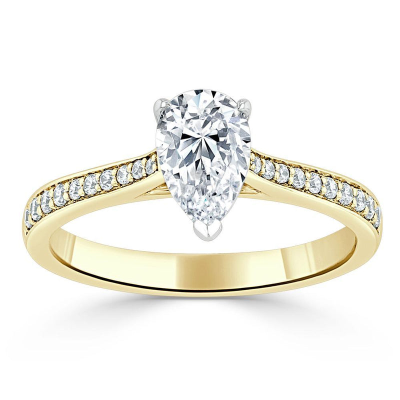 1.20ct Pear Cut Moissanite Engagement Ring, Classic Style, Available in White Gold, Platinum, Rose Gold or Yellow Gold