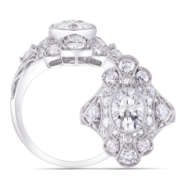 2.00ct Oval Cut Moissanite Centre, Art Deco Inspired Ring, Available in White Gold or Platinum