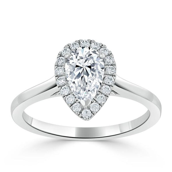 0.75ct Pear Cut Moissanite Halo Engagement Ring, Available in White Gold or Platinum