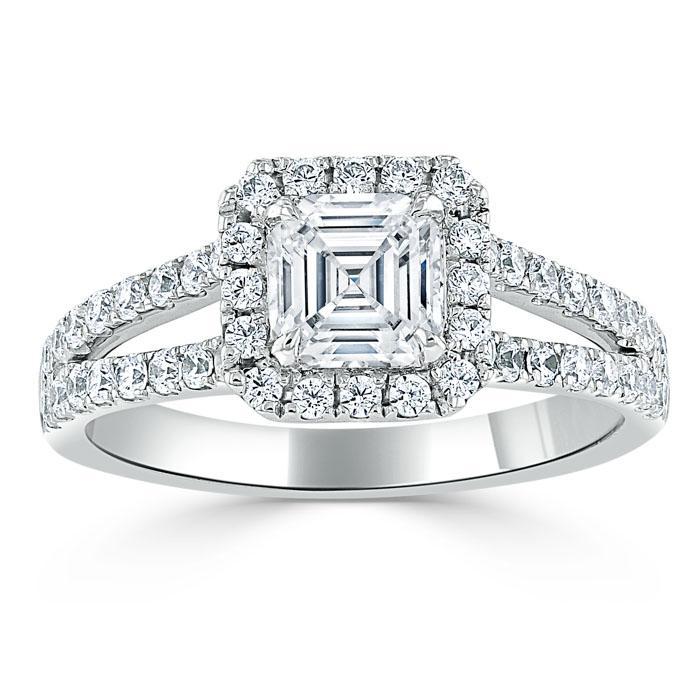 1.60ct  Asscher Cut Moissanite Engagement Ring, Classic Halo with Split Shank,  Available in White Gold, Platinum, Rose Gold or Yellow Gold