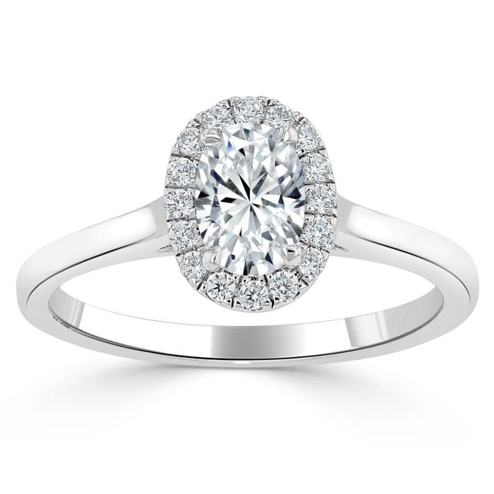 0.75ct Oval Cut Moissanite Halo Engagement Ring, Available in White Gold or Platinum