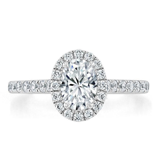 1.40ct Oval Cut Moissanite Halo Engagement Ring, Tiffany Style,  Available in White Gold, Platinum, Rose Gold or Yellow Gold