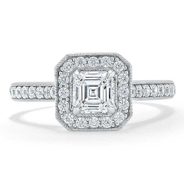 1.40ct Asscher Cut Moissanite Engagement Ring, Classic Halo, Available in White Gold, Platinum, Rose Gold or Yellow Gold