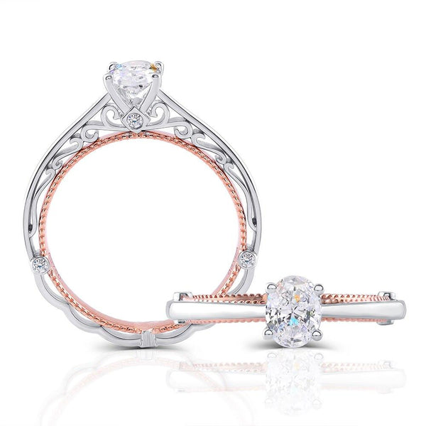 0.60ct Oval Cut Moissanite, Classic Vintage Engagement Ring, Available in White Gold or Platinum with Rose Gold Detailing