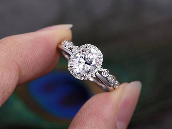 1.50ct Oval Cut Moissanite Ring Set, Halo Surround with Band, Available in White, Yellow, Rose Gold or Platinum, 1.00ct Main Stone