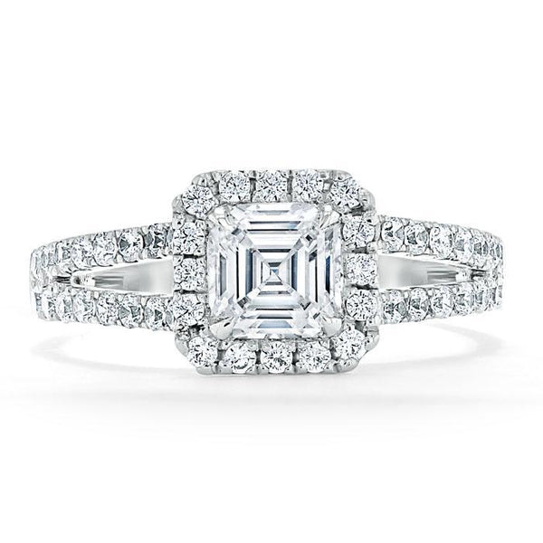 1.60ct  Asscher Cut Moissanite Engagement Ring, Classic Halo with Split Shank,  Available in White Gold, Platinum, Rose Gold or Yellow Gold