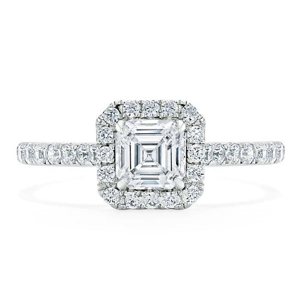 1.45ct Asscher Cut Moissanite Engagement Ring, Classic Halo, Available in White Gold, Platinum, Rose Gold or Yellow Gold