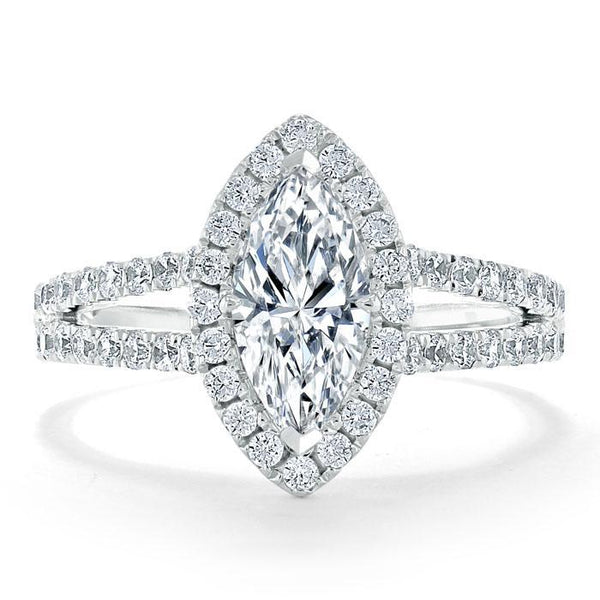 1.60ct Marquise Cut Moissanite Halo Engagement Ring, Tiffany Style,  Available in White Gold, Platinum, Rose Gold or Yellow Gold