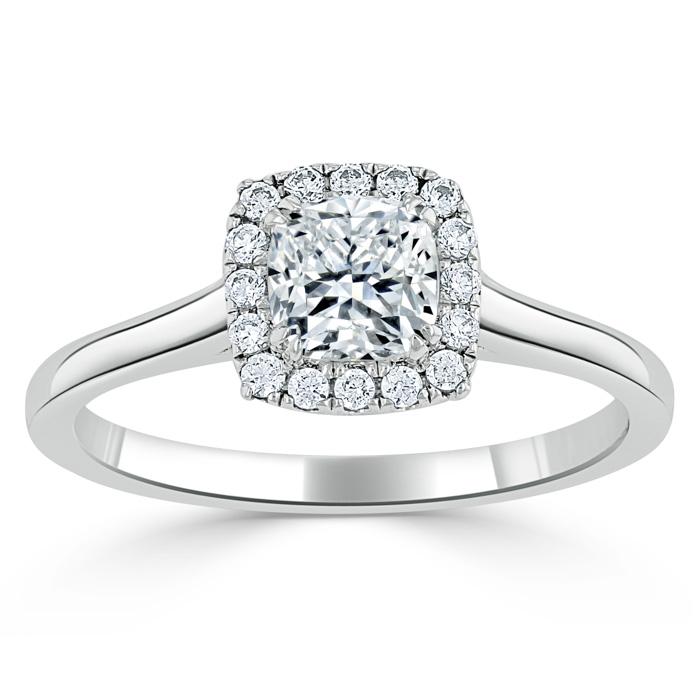 0.75ct Cushion Cut Moissanite Halo Engagement Ring, Available in White Gold or Platinum