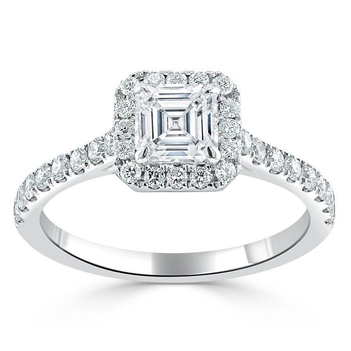 1.45ct Asscher Cut Moissanite Engagement Ring, Classic Halo, Available in White Gold, Platinum, Rose Gold or Yellow Gold